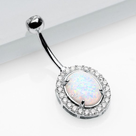 14 Karat White Gold Fire Opal Multi-Gem Sparkle Oval Belly Button Ring - Picture 1 of 2